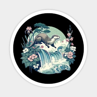 Aquatic Animal Vintage Flower Floral Falls Japanese Art Otter Magnet